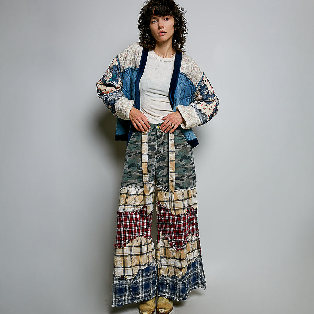 POL Clothing women's Denim Multi quilted patchwork cardigan front view - BellanBlue