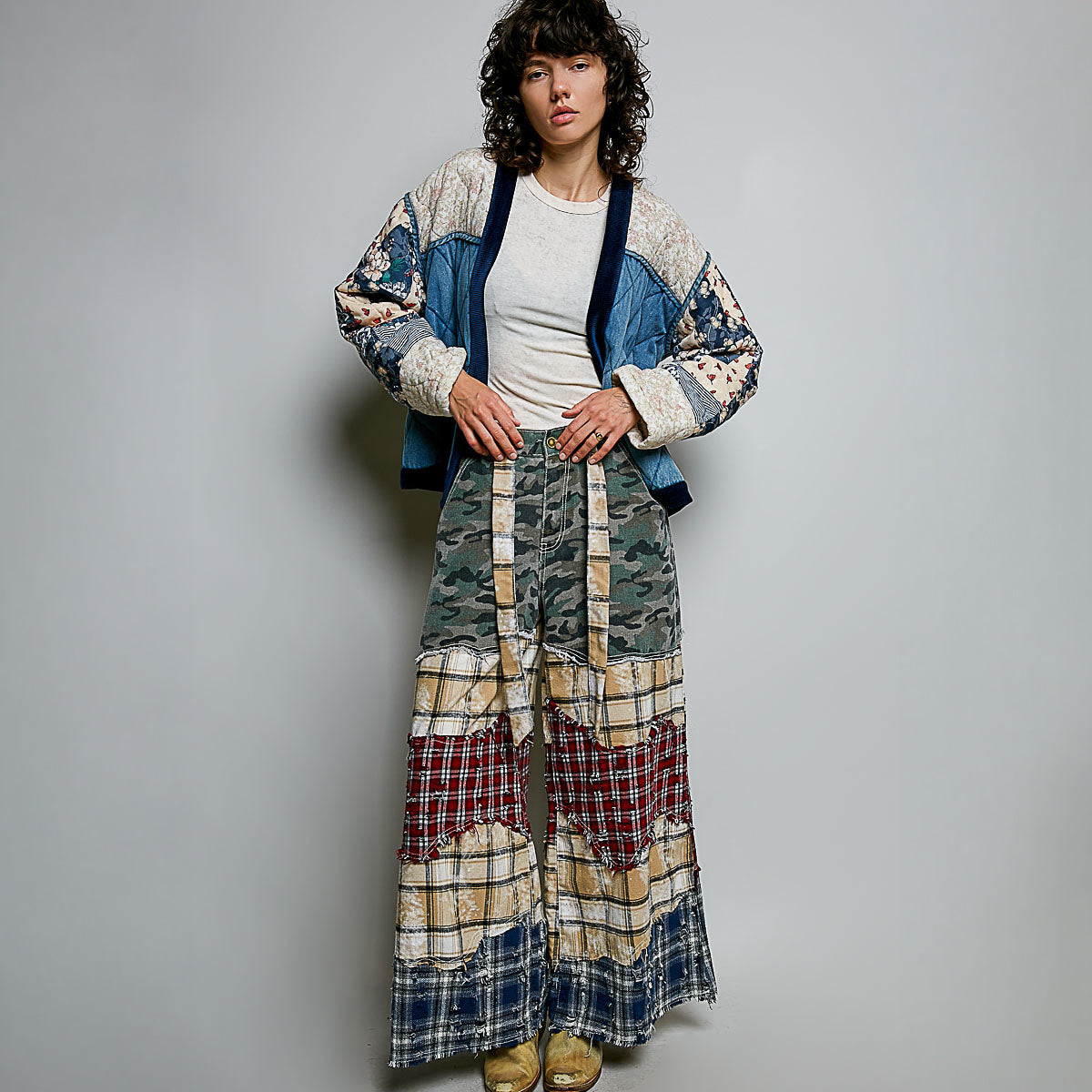 POL Clothing women's Denim Multi quilted patchwork cardigan front view - BellanBlue