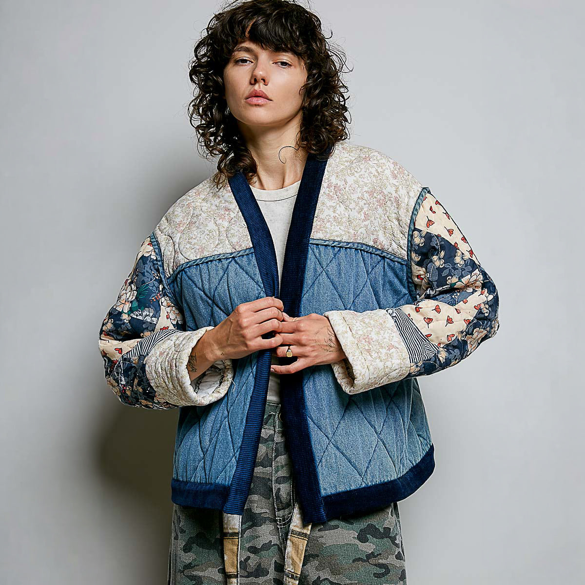 POL Clothing women's quilted denim cardigan featuring V-neckline and button-front detail