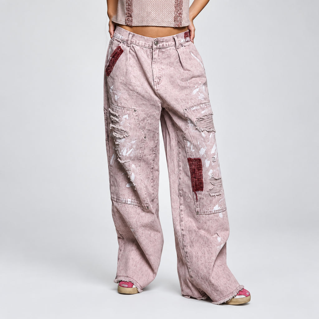 POL Clothing Cloud Pink carpenter pants side view with distressed knee and utility side pocket