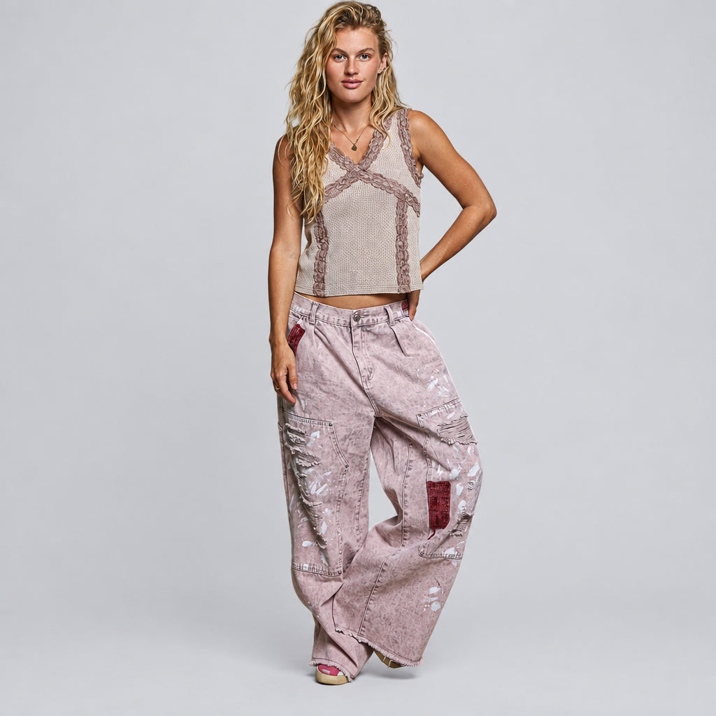 POL Clothing Cloud Pink wide-leg carpenter pants back view with gathered waistband and burgundy pocket patches