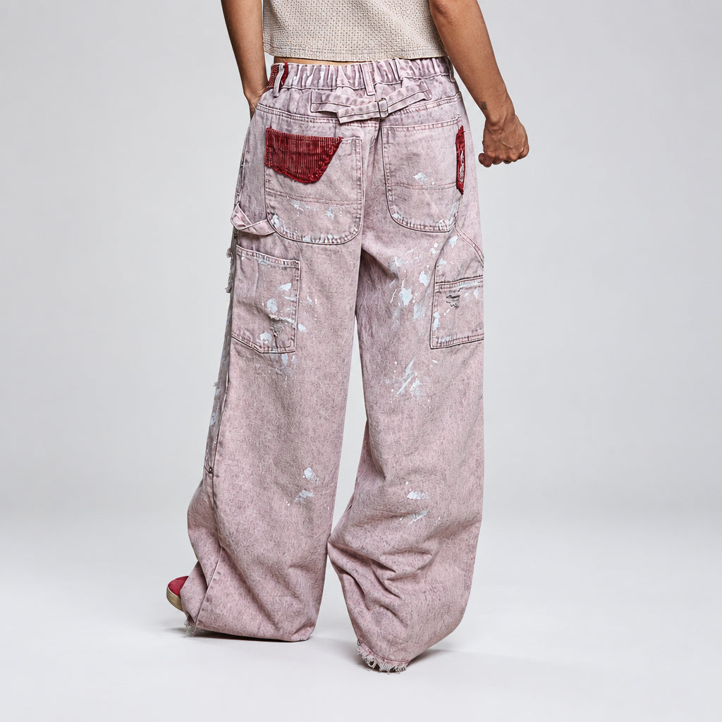 POL Clothing Cloud Pink carpenter pants modeled front view with patch pockets and raw hems