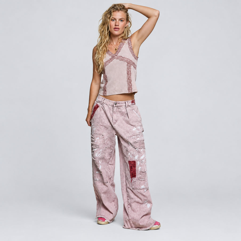 POL Clothing Cloud Pink carpenter pants back view with gathered waistband and patch pockets