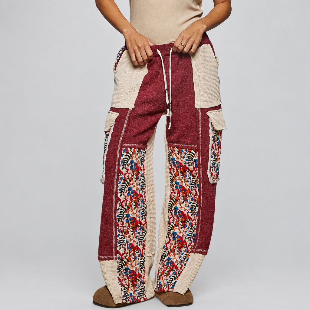 POL Clothing women's burgundy floral patchwork thermal wide-leg pants, back view with cargo pockets