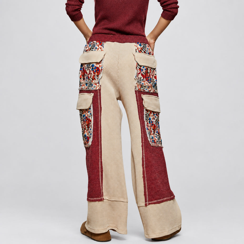 Women's burgundy patchwork thermal lounge pants by POL Clothing with cream waffle knit cargo pockets
