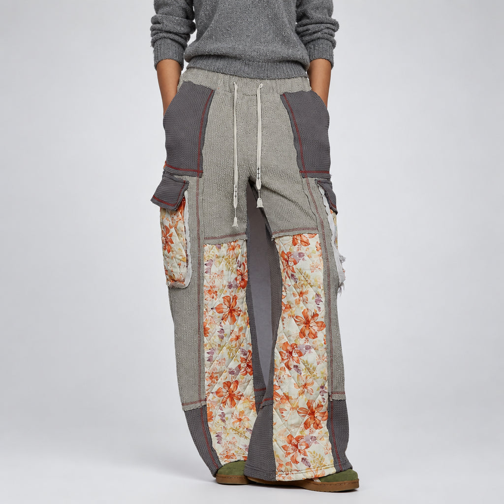 POL Clothing women's grey floral patchwork thermal wide-leg pants with drawstring waist, front view
