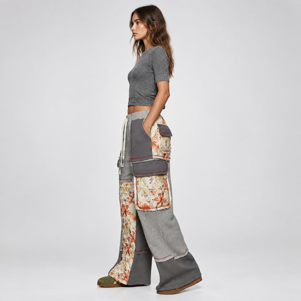 Women's grey quilted floral patchwork lounge pants by POL Clothing with red contrast stitching