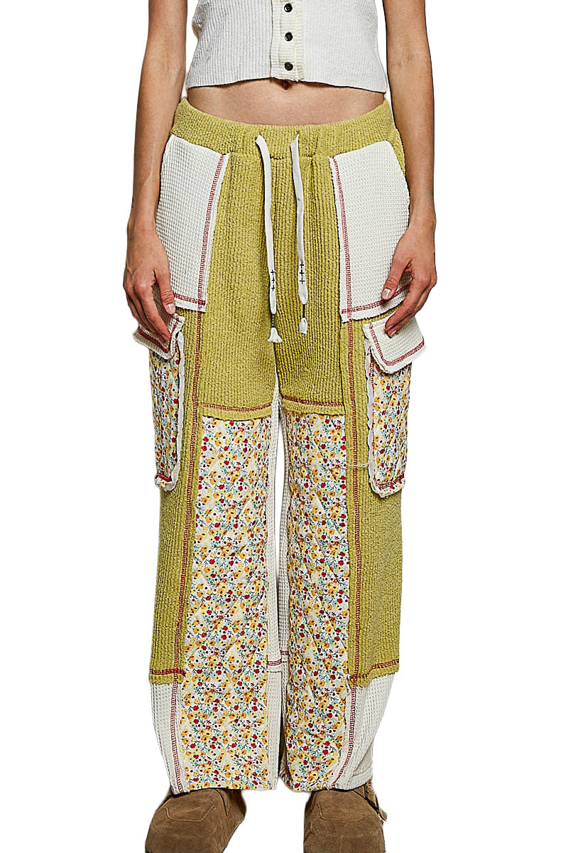 POL Clothing lime green floral patchwork thermal wide-leg pants front view with ivory hip pockets