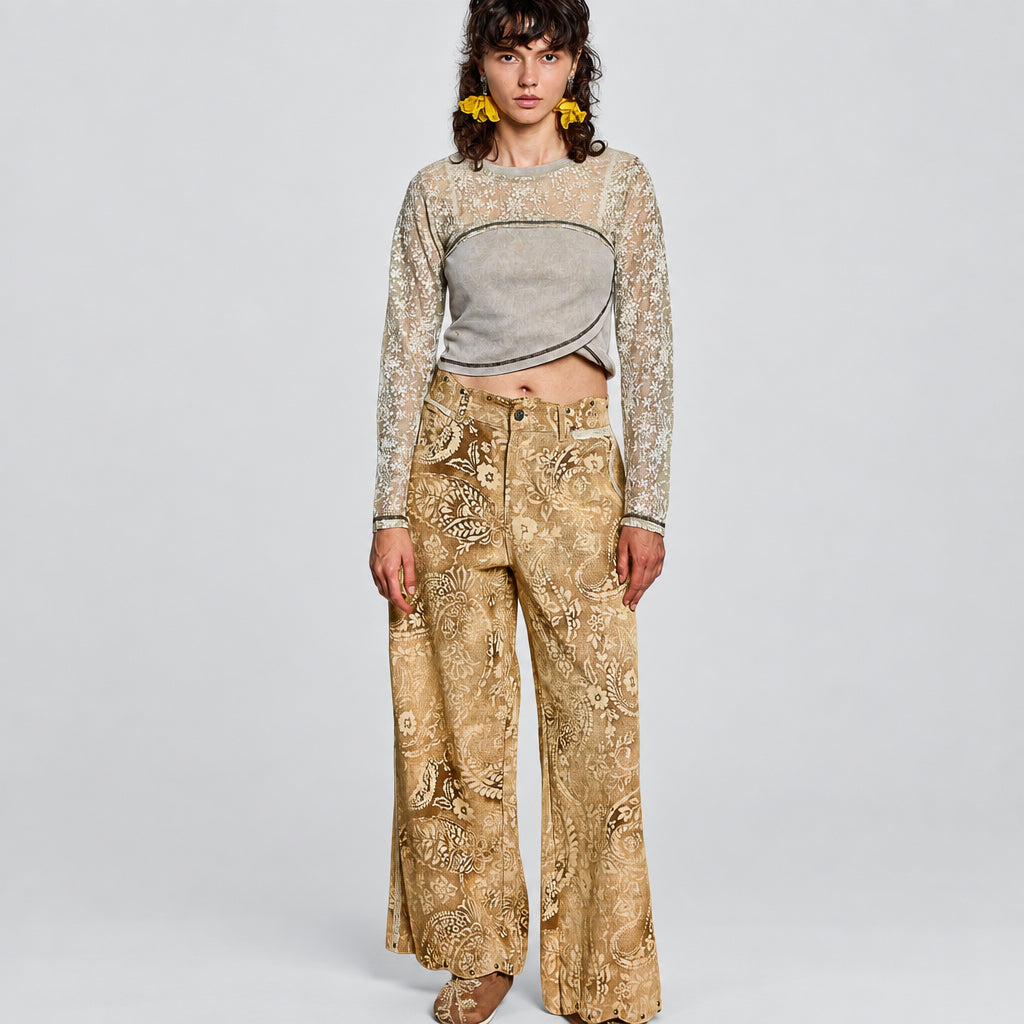 POL Clothing women's sand paisley wide-leg pants full-length front view with lace-sleeve crop top