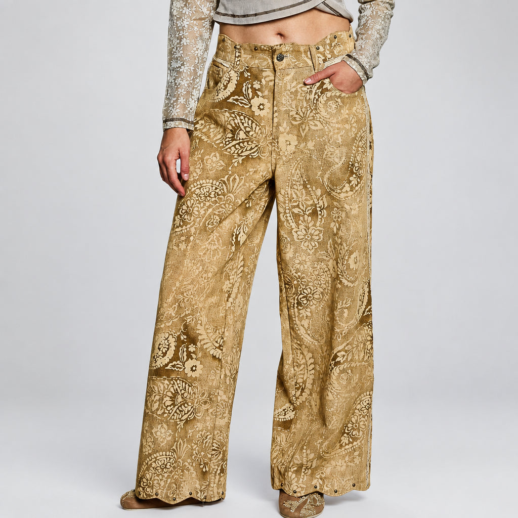 POL Clothing sand paisley wide-leg pants side view showing lace side trim and studded hem
