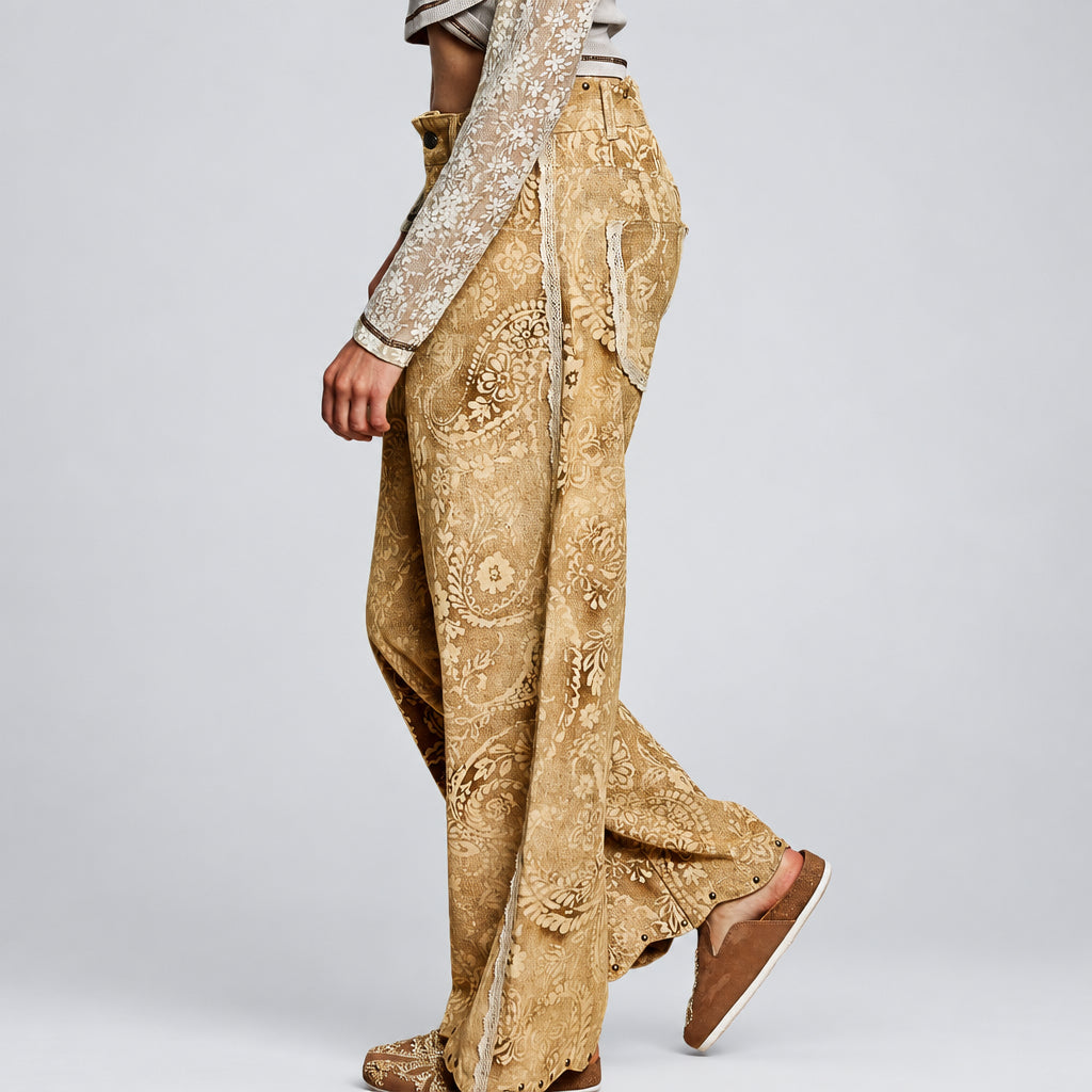 POL Clothing sand paisley vintage-wash pants front close-up with button fly and wide straight leg