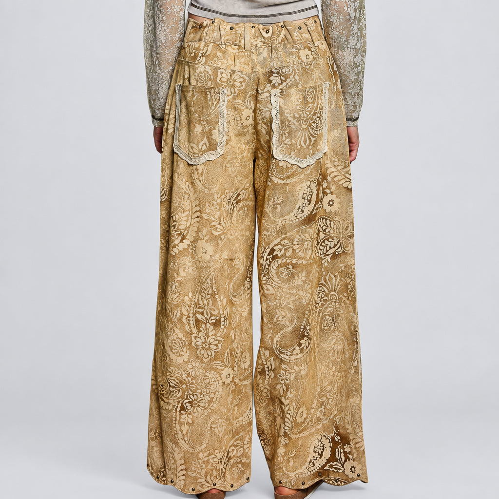 POL Clothing sand paisley wide-leg pants back view with lace-trimmed back pockets