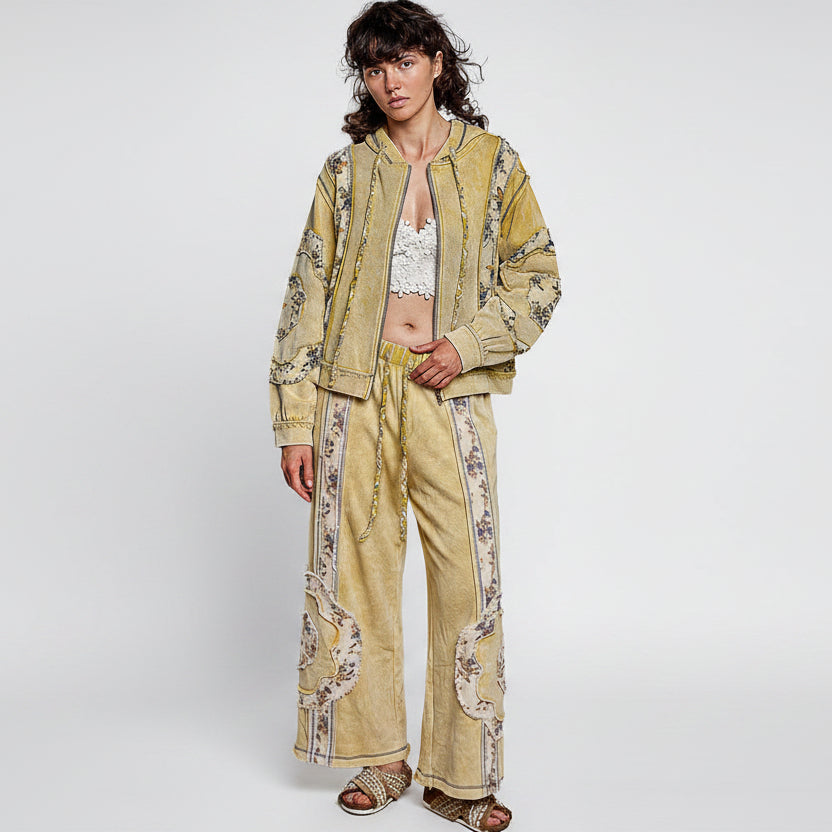 POL Clothing lemon floral patchwork wide-leg pants on model, matching set front view, studio
