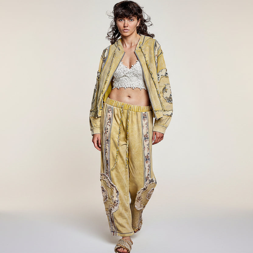 POL Clothing lemon patchwork wide-leg pants on model, full-length walking front view with matching jacket
