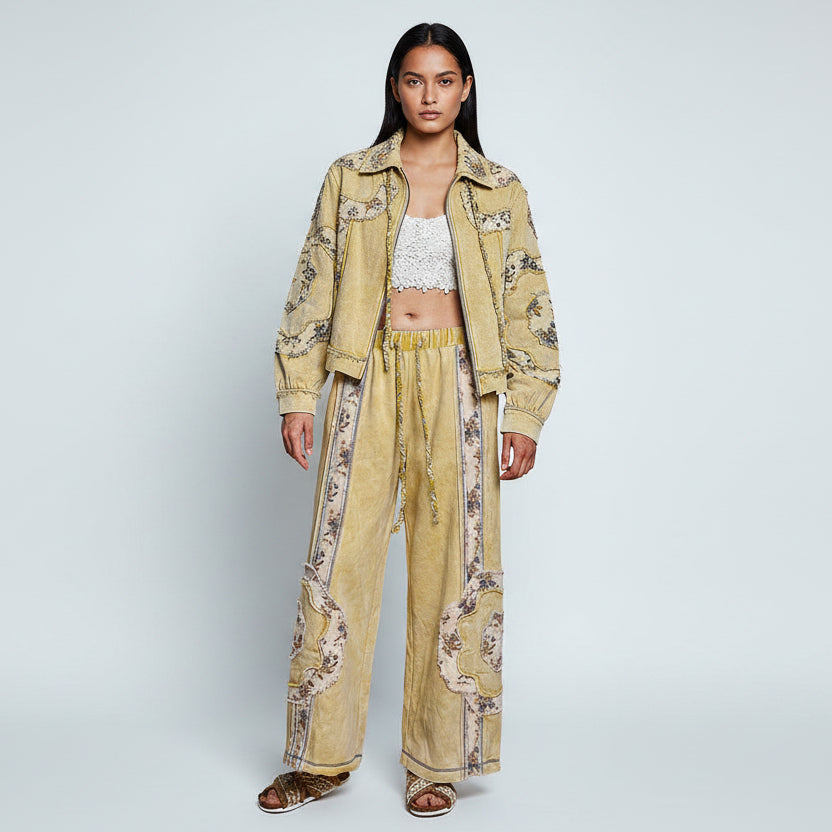 POL Clothing lemon mineral wash floral patchwork wide-leg pants on model, front view with patchwork jacket
