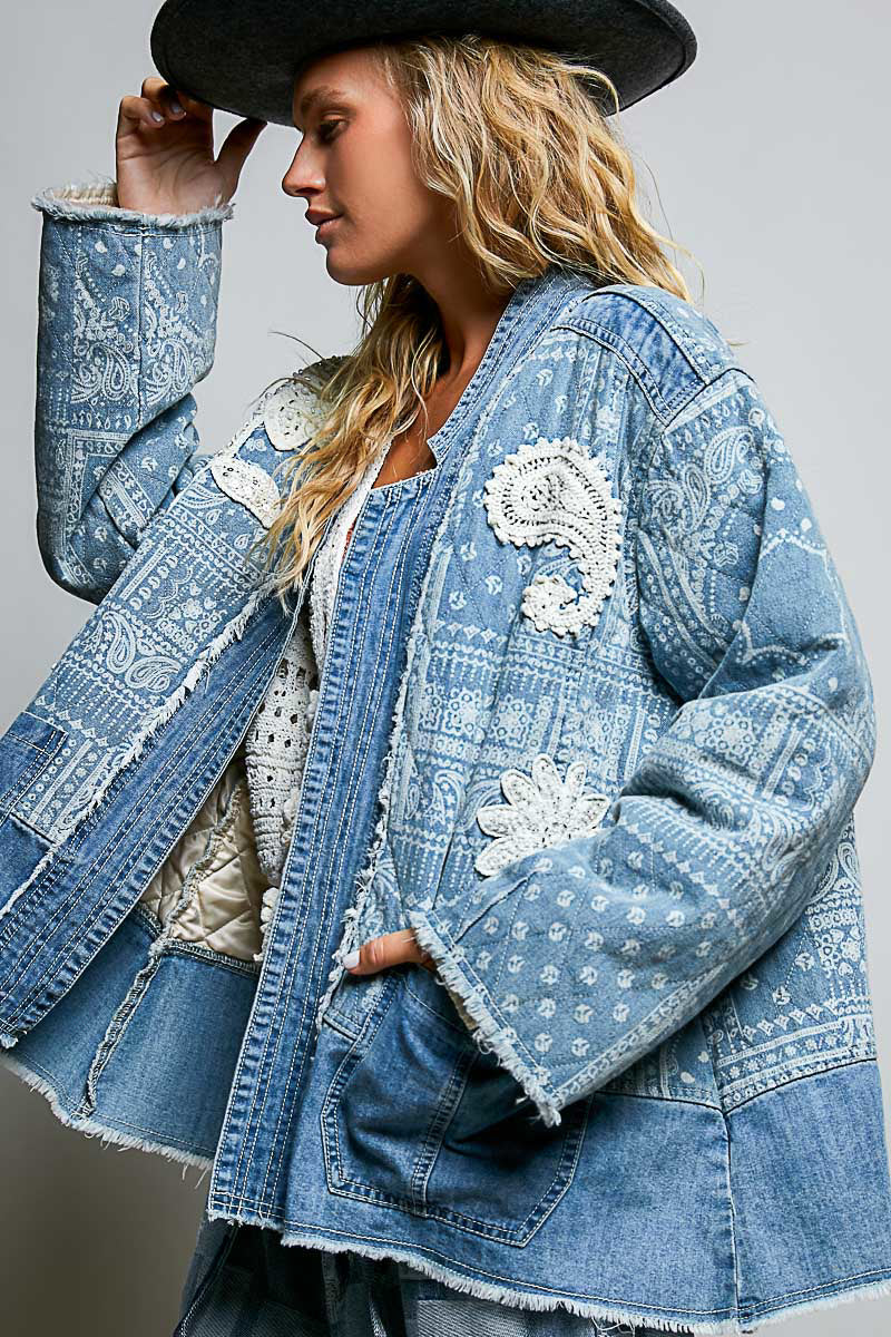 POL Clothing women's denim paisley patchwork quilted open-front jacket, full-length front view on model - BellanBlue
