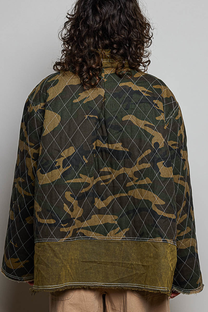 POL Clothing olive camo open-front quilted jacket, close-up side view showing lace paisley appliqué patch detail
