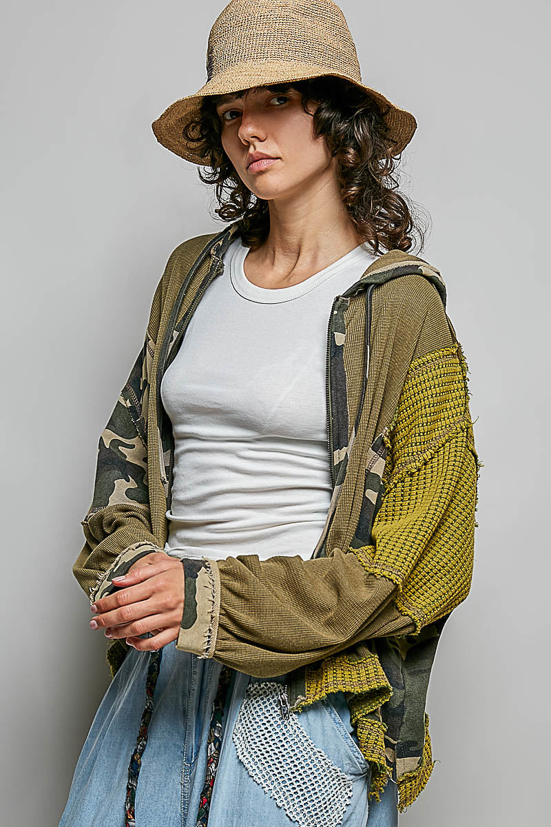 POL Clothing olive patchwork zip hoodie front detail with textured sleeves