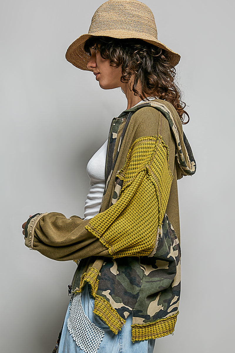 POL Clothing olive mixed-fabric hoodie full front on model with drawstring hood