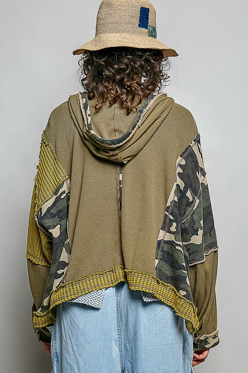 POL Clothing olive hoodie close-up of yellow-green waffle sleeve and exposed overlock seams