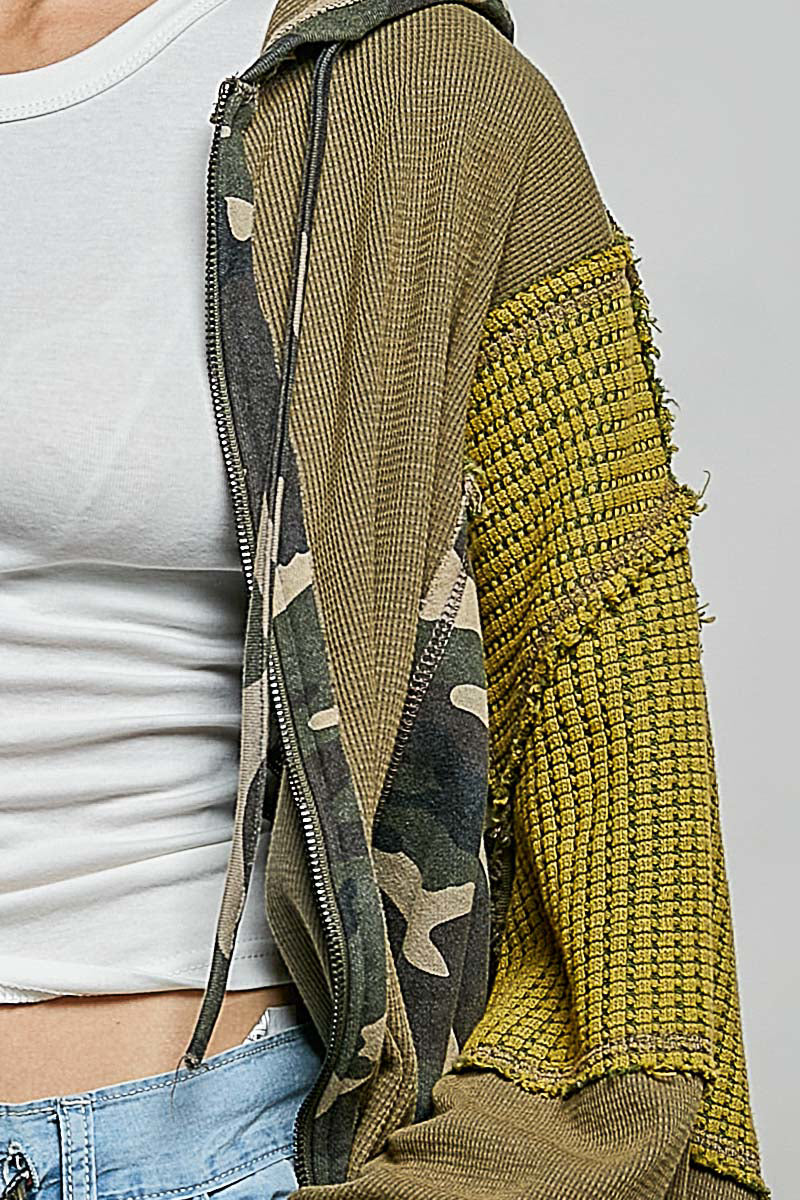 POL Clothing olive patchwork hoodie back view showing camouflage panels and textured hem