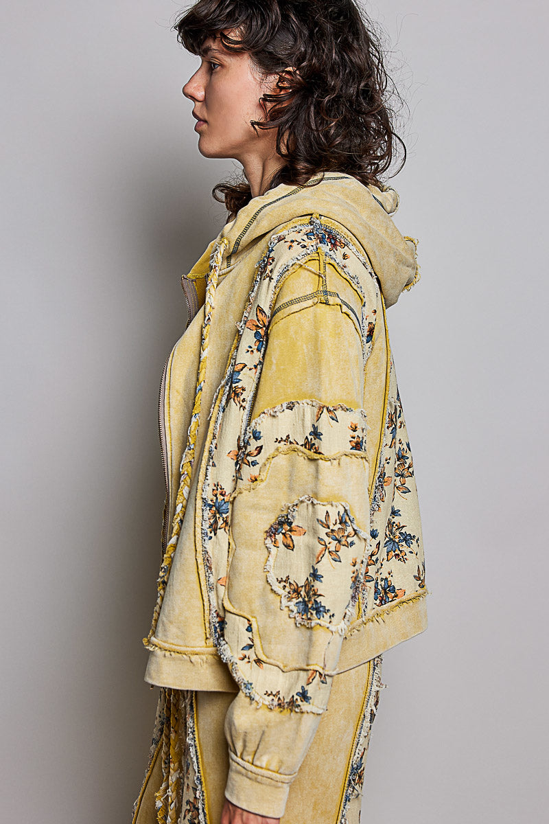 POL Clothing women's lemon floral patchwork zip-up hoodie styled with matching pants, full-length front view