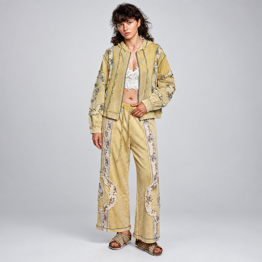 POL Clothing lemon floral patchwork hoodie close-up of sleeve, zipper and front pocket