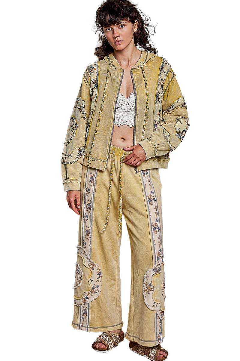 POL Clothing lemon floral patchwork hoodie close-up of sleeve, zipper and front pocket