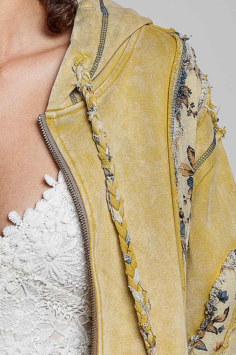POL Clothing lemon floral patchwork hoodie close-up of floral print and frayed seam
