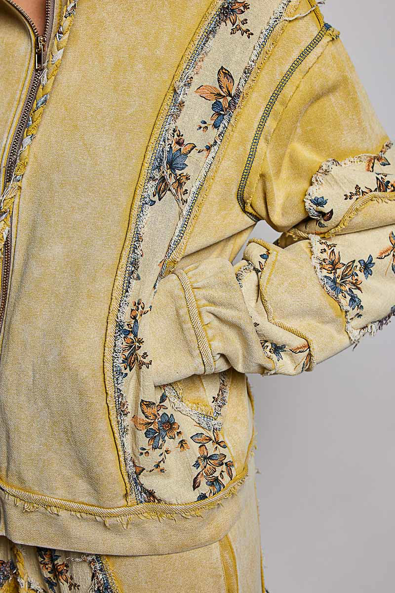 POL Clothing women's lemon floral patchwork zip-up hoodie side view showing floral sleeve panels