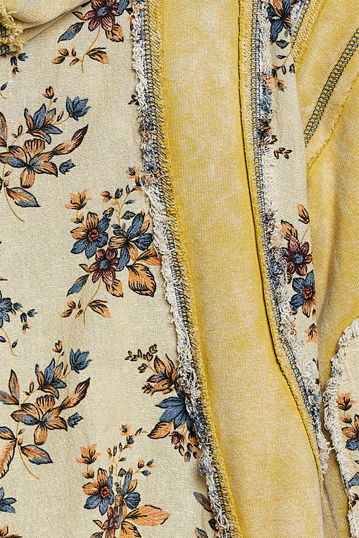 POL Clothing women's lemon floral patchwork zip-up hoodie back view showing hood and floral panels