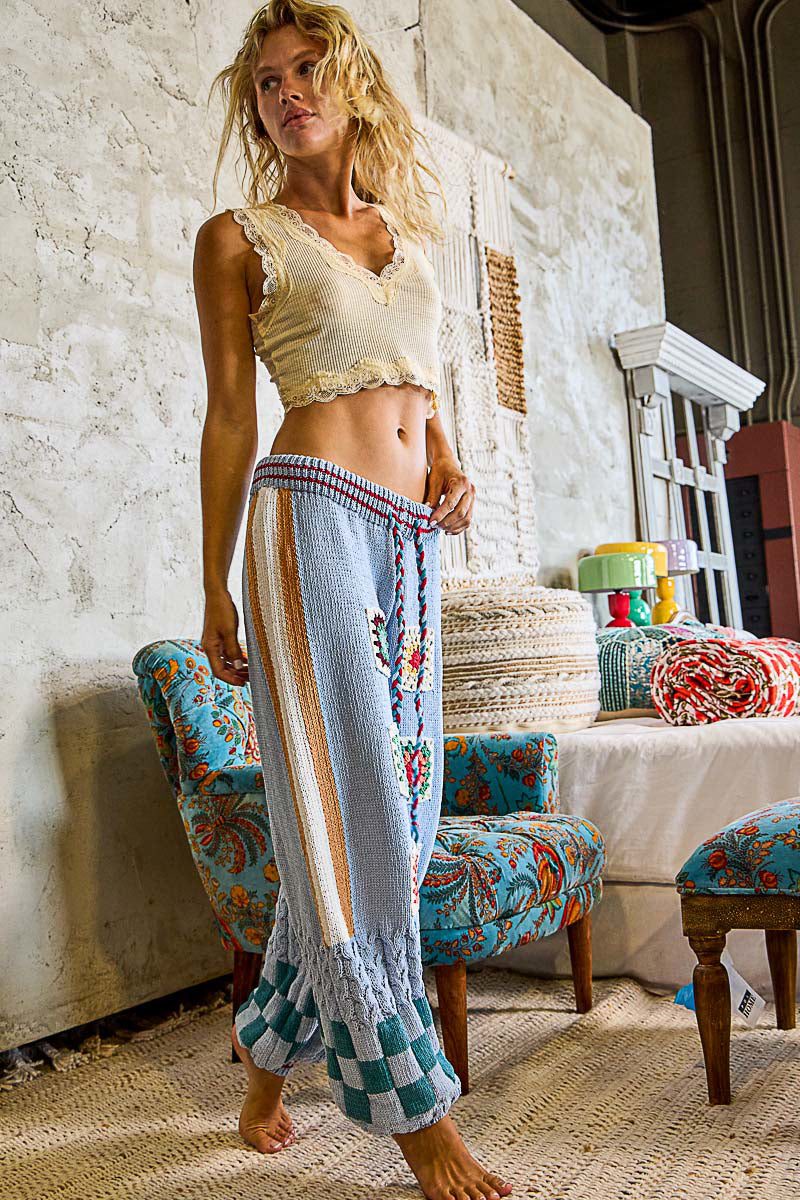 POL Clothing Blue Multi crochet patch wide-leg pants on model, full-length front view, boho interior - BellanBlue