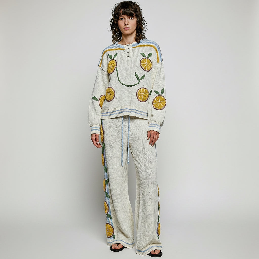POL Clothing women's cream multi citrus embroidered wide leg knit pants resort fashion front view