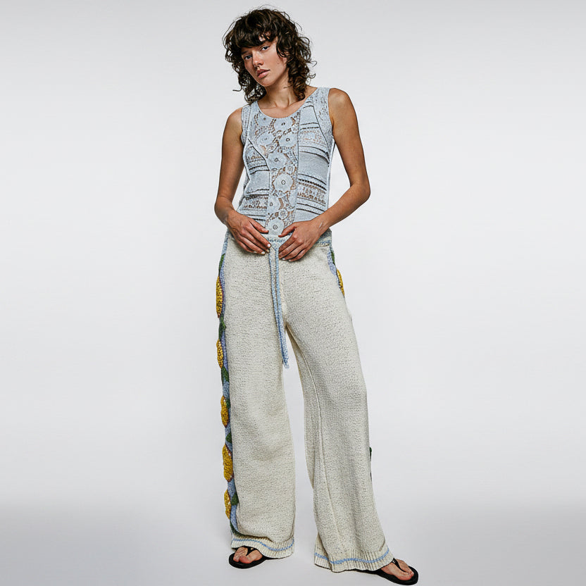 POL Clothing cream citrus embroidered wide leg knit pants styled with matching citrus knit hoodie outfit set