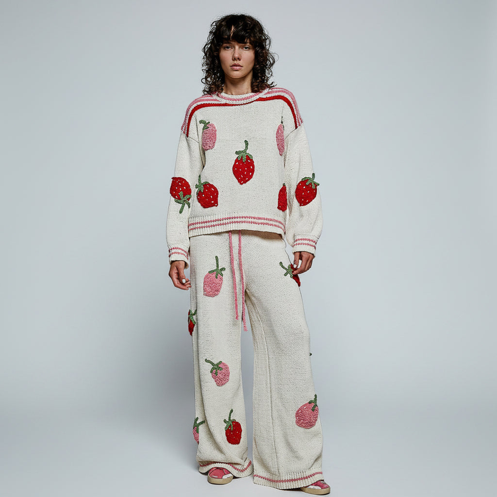POL Clothing cream chenille strawberry pants styled as a set with matching knit sweater, full-length on model
