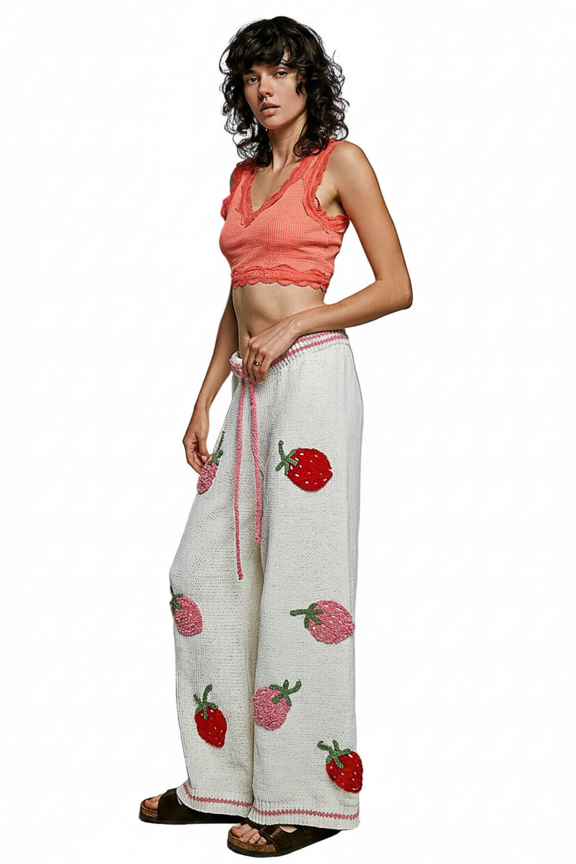 POL Clothing cream chenille wide-leg pants with 3D strawberry patches, full-length front view on model - BellanBlue
