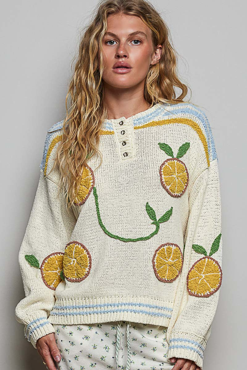 POL Clothing Citrus Embroidered Berber Knit Sweater