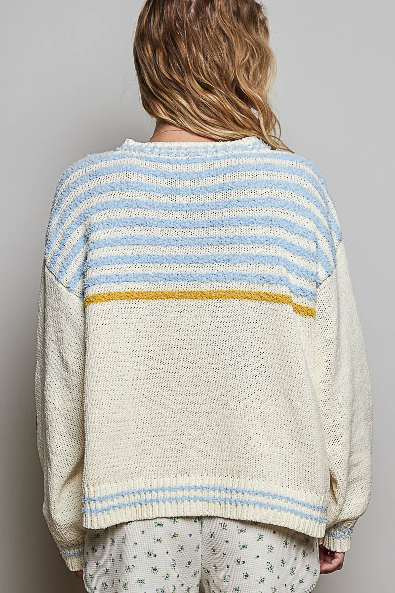 POL Clothing cream multi knit sweater, close-up front detail of 3D citrus embroidery and button placket neckline
