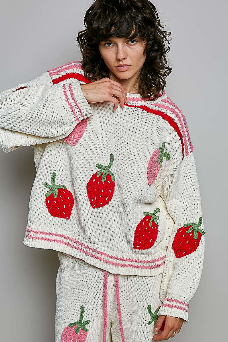 POL Clothing women's cream strawberry applique knit sweater, on model full-length front view
