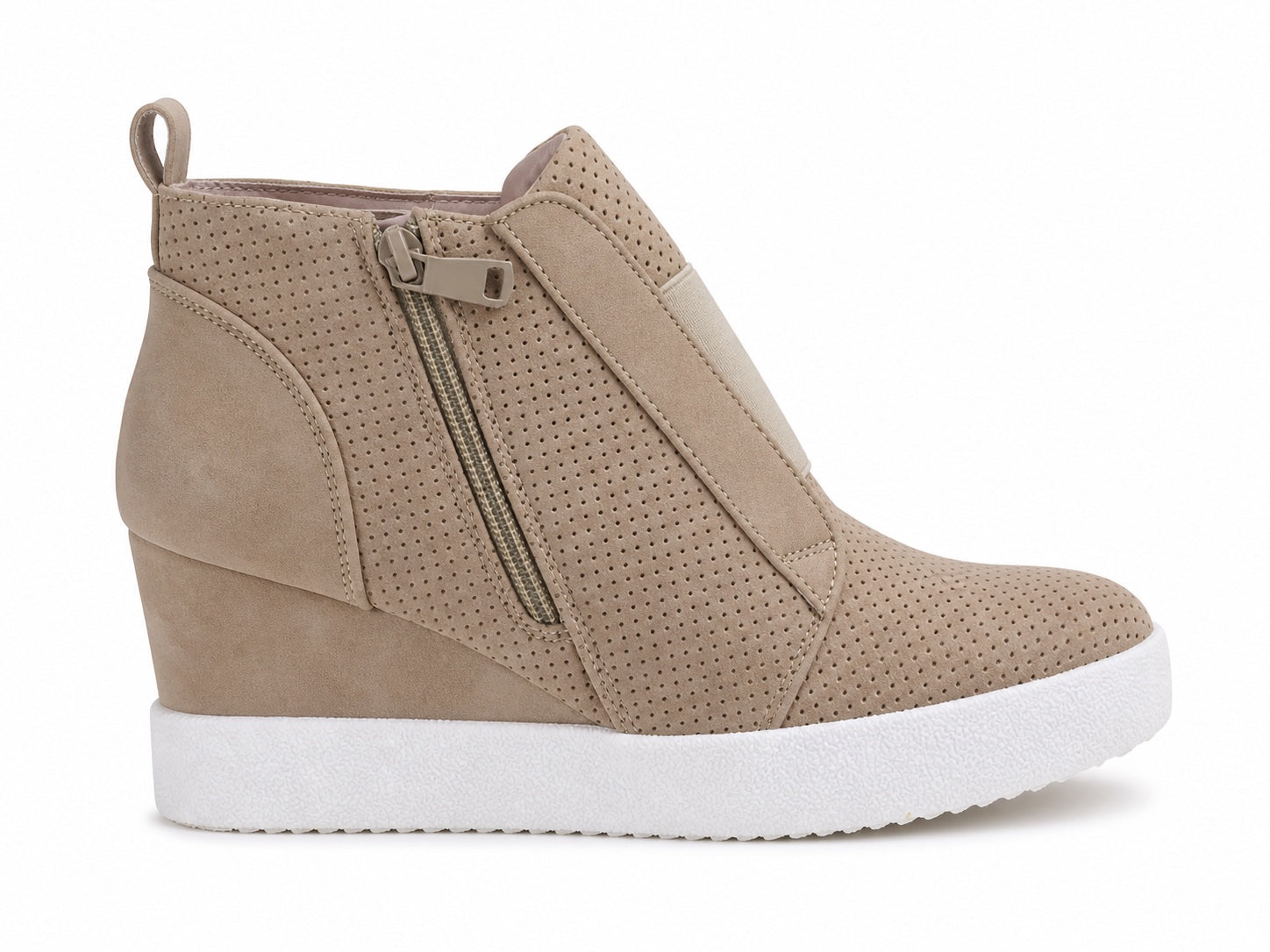 A taupe wedge ankle boot with a perforated upper, side zipper, and thick white platform sole, shown from a side profile on a white background.