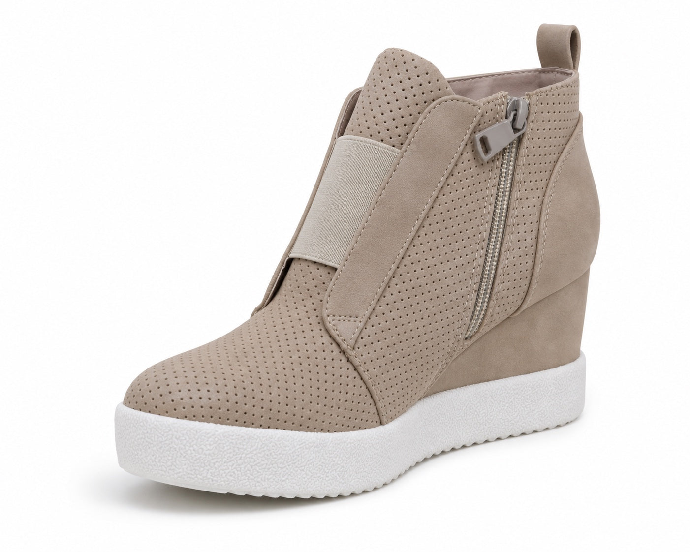 A taupe wedge ankle boot with perforated suede and smooth fabric panels, a side zipper, and a thick white platform sole, shown on a white background.