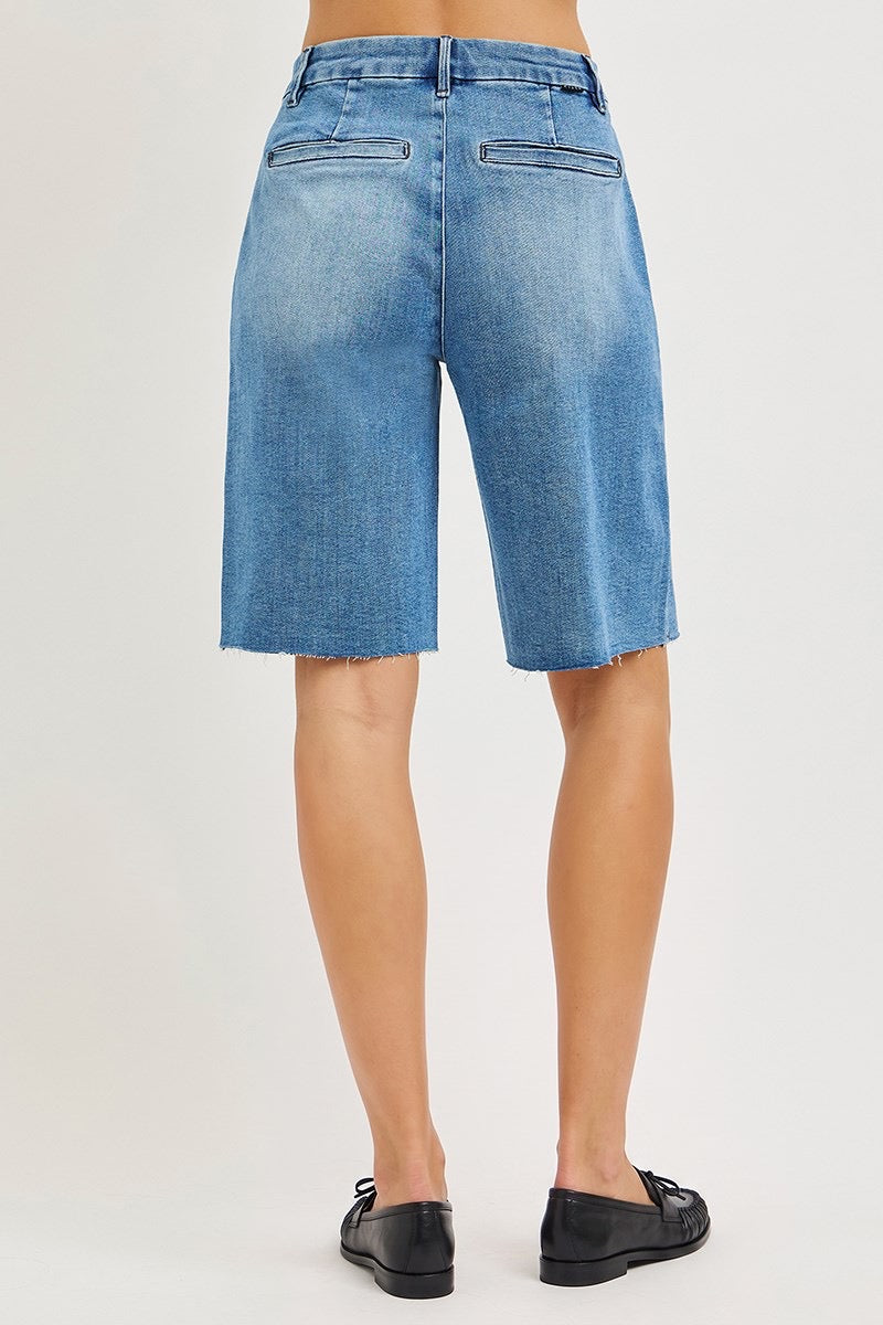 Risen Jeans Slouchy Pleated Wide Leg Denim Jorts - Medium Wash