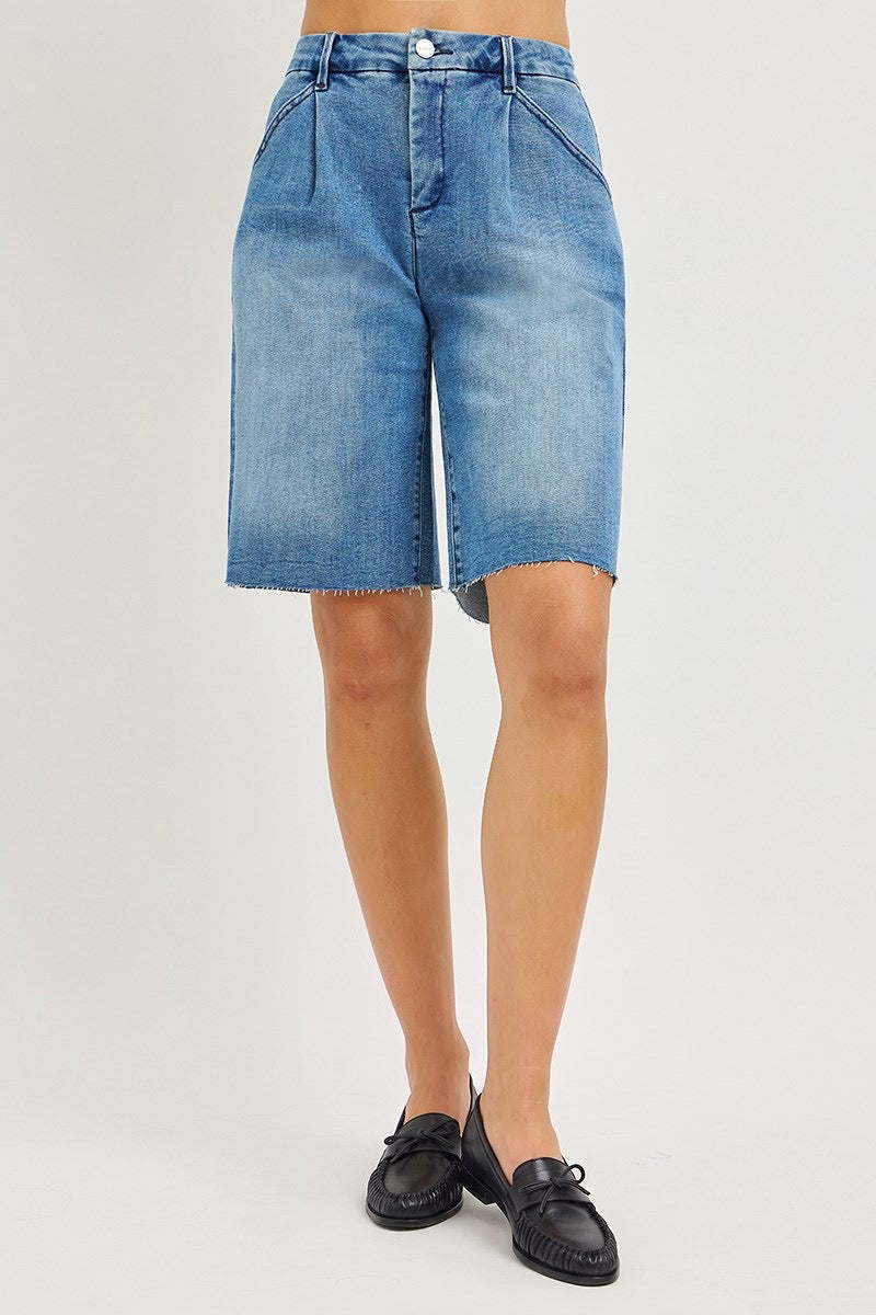 Risen Jeans Slouchy Pleated Wide Leg Denim Jorts - Medium Wash