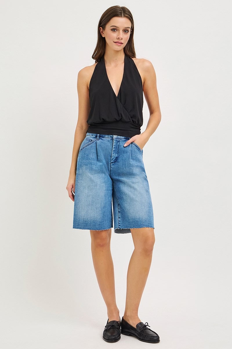 Risen Jeans Slouchy Pleated Wide Leg Denim Jorts - Medium Wash