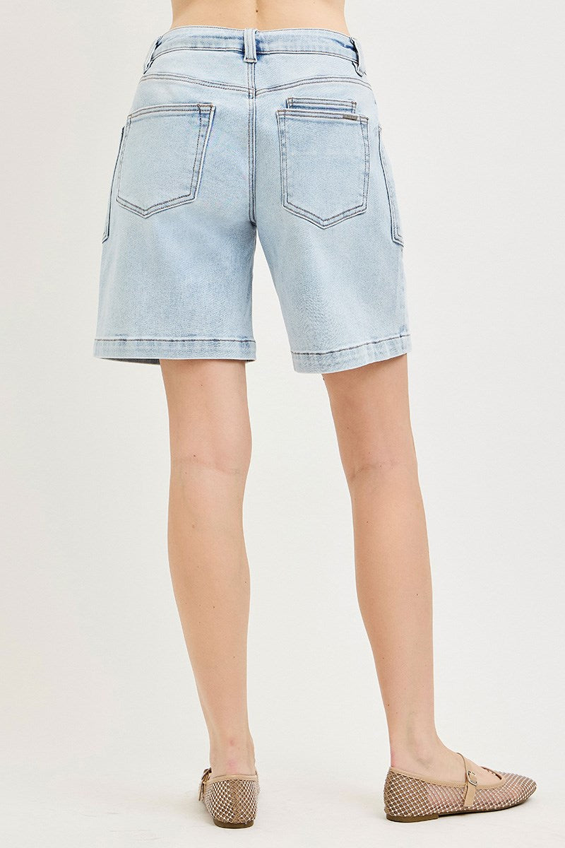 Risen Jeans Women's Light-Wash Drawstring Eyelet Slouchy Jorts back diagonal view highlighting high rise and wide leg opening.