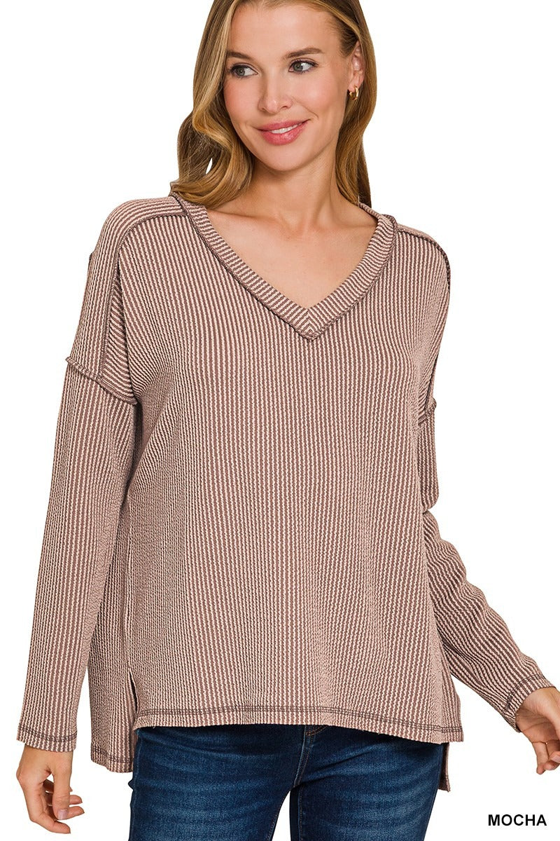 Corded Rib Long Sleeve Hi-Low V-neck Top