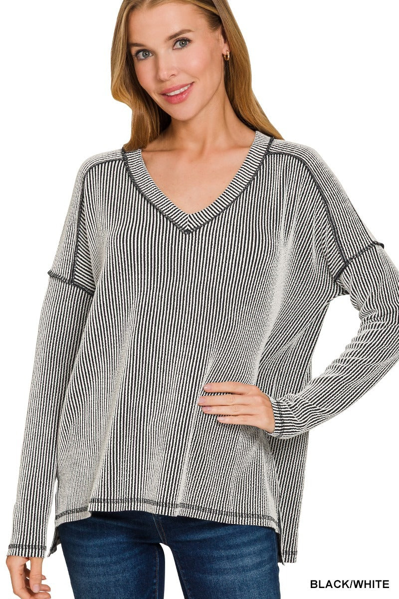 Corded Rib Long Sleeve Hi-Low V-neck Top