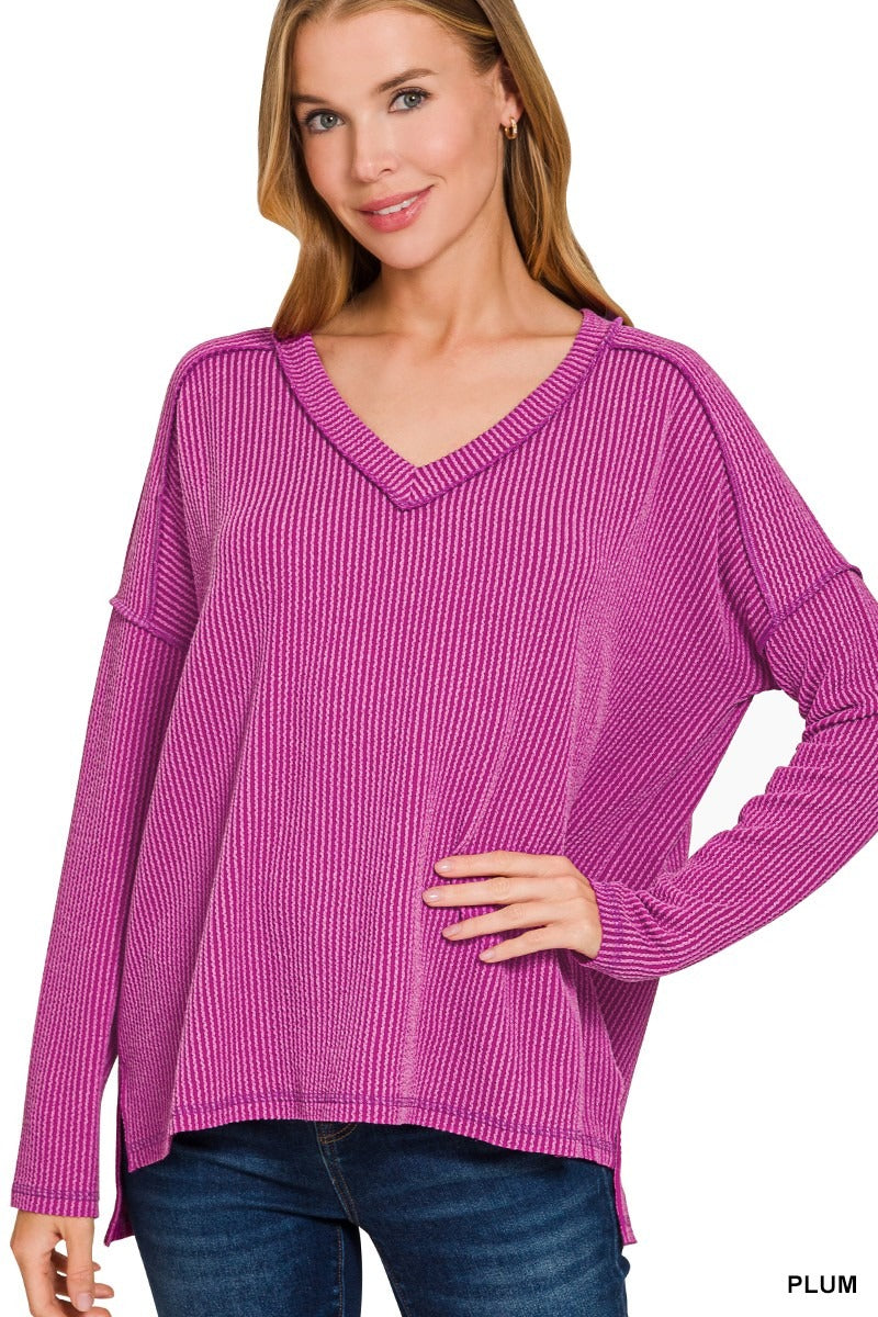 Corded Rib Long Sleeve Hi-Low V-neck Top