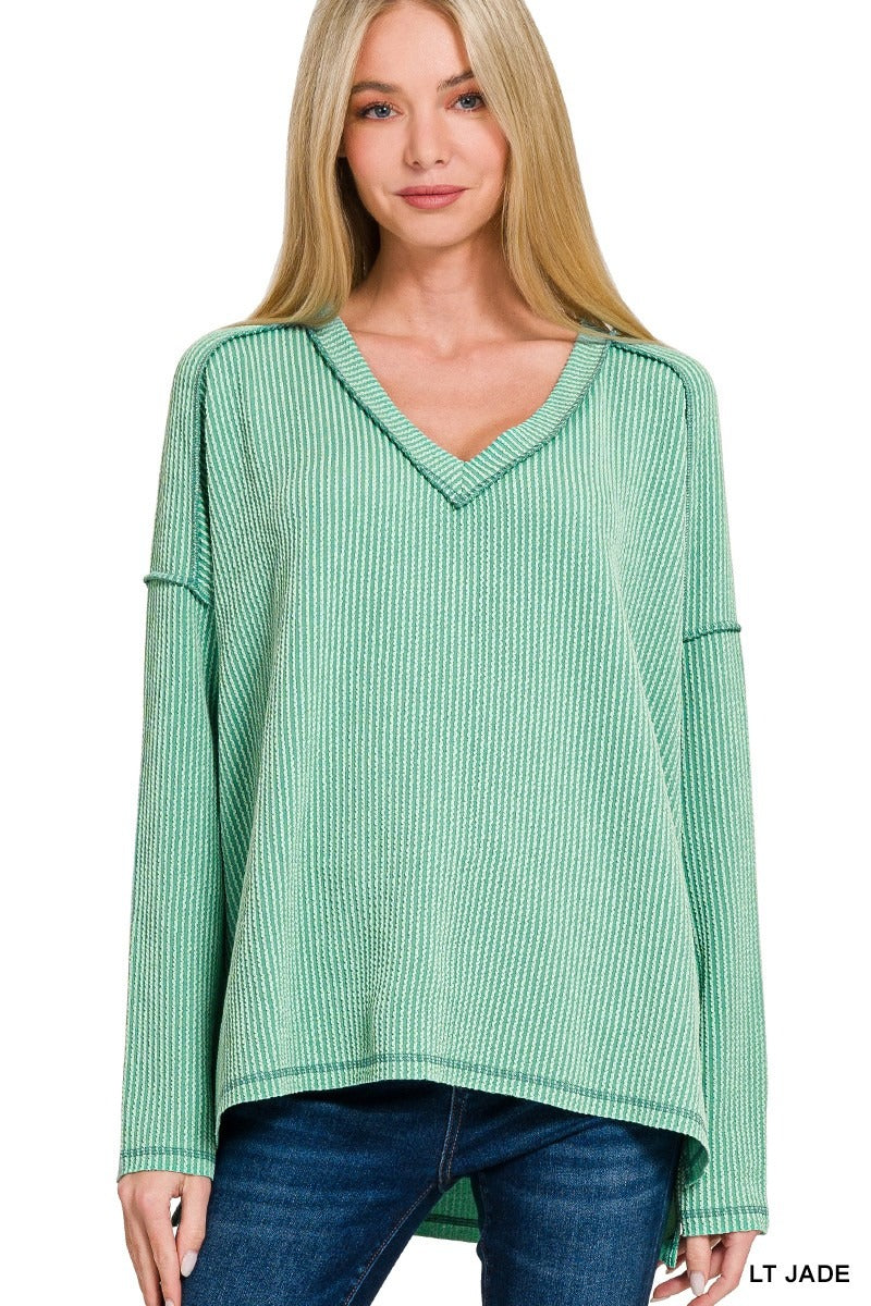 Corded Rib Long Sleeve Hi-Low V-neck Top