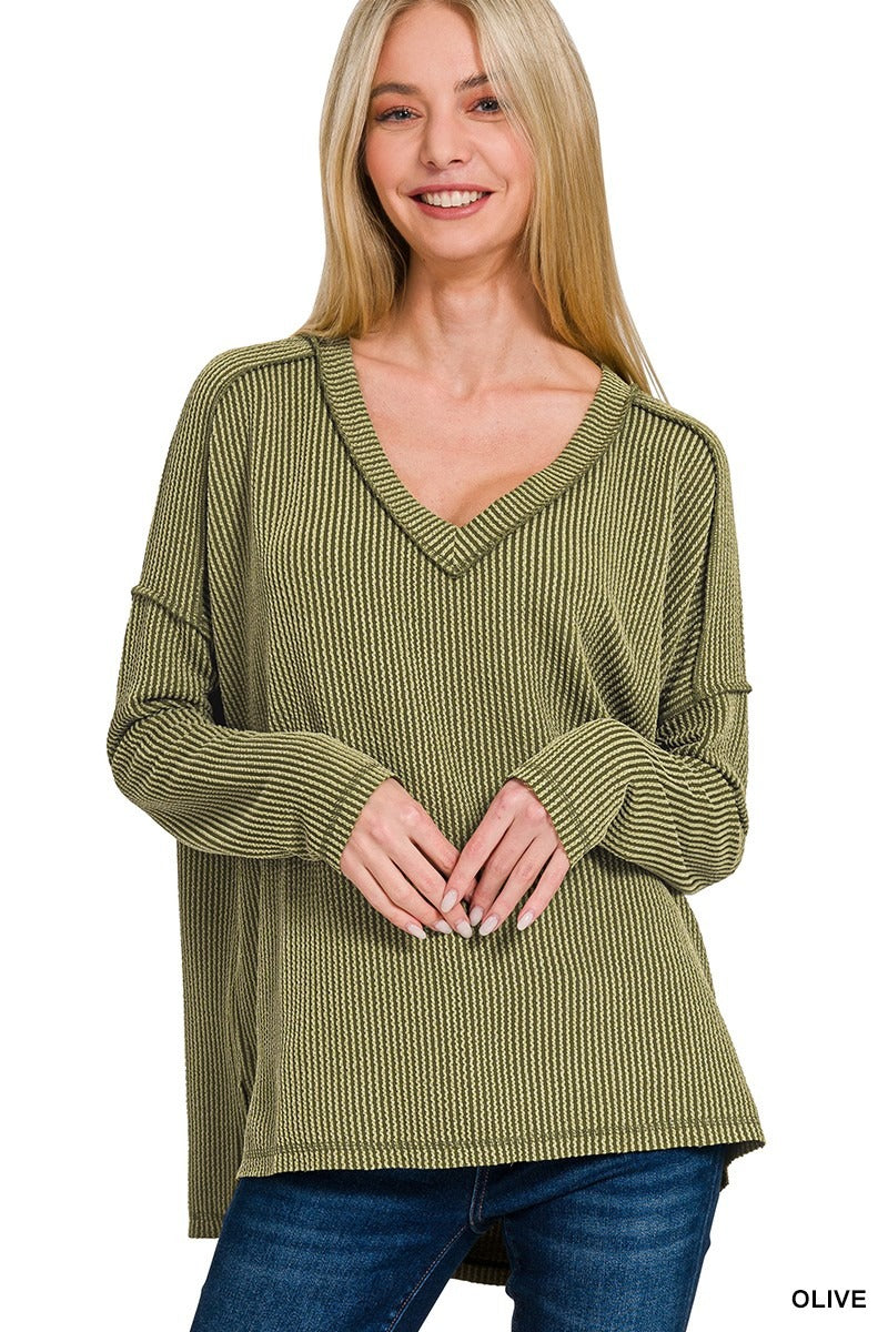 Corded Rib Long Sleeve Hi-Low V-neck Top